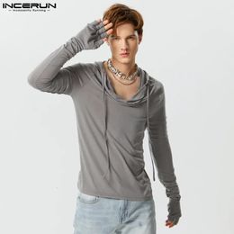 INCERUN Tops American Style Fashion Mens Swing Collar Hoodies Casual Male Solid Thimble Long Sleeved Pullover Sweater S-5XL 240103