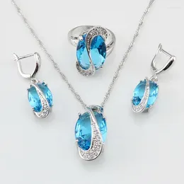 Necklace Earrings Set XUTAAYI Fashion Sterling Silver Color Blue Cubic Zirconia Fancy Rings Wedding Jewelry For Women