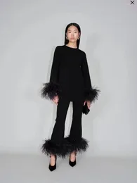 Women's Pants European Style 2024 Spring Clothes Fashion Patchwork Ostrich Feather Flare High Waist Zipper Black Women Trousers