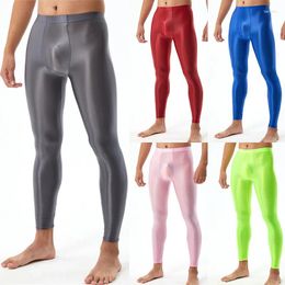 Men's Pants Shiny Sexy U Convex Bodybuilding Glossy Tight Leggings Solid Color Mid Waist Silky Smooth Fashion