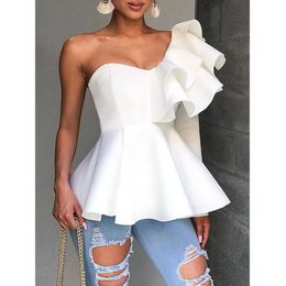 One Shoulder Zipper Up Peplum Ruffle Top Long Sleeve White Blouse Shirt Elegant Ladies Party Summer 240102