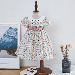 Dresses Kids Girl Smocked Floral Dress Infant Vintage Frocks Toddler Spanish Smocking Dress Children's Smock Clothes Perter Pan Collar 210