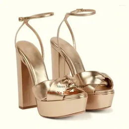 Sandals Metallic Buckle Gold Platform Block Heeled High Heel Women's Shoes Cut-Out Knot Ankle Wrap Sexy Summer Party