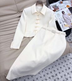 Work Dresses 2024 Early Spring Women Solid Silk Wool Skirt Set Long Sleeve Single Breasted Top Belt 2 Pieces