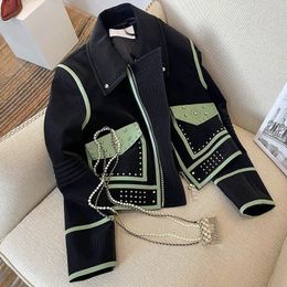 Elegant contrast Colour long sleeve casual women's jacket 2023 autumn Korean chic beaded top niche lapel Samll perfume coat 240103