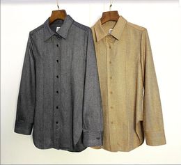 2024 Autumn New Pure Yuan totem-e Wool Blended Herringbone Pattern Slim Fit Long sleeved Shirt with Wool Blended Straightness