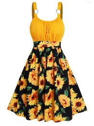Casual Dresses Sunflower Print Colorblock Sundress Ruched O Ring High Waist Vacation Dress For Female Summer Beach Robe