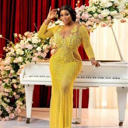 Party Dresses Plus Size African Yellow Prom Sparkle Beaded Sequins Aso Ebi Formal Dress With Tassels Nigerian Wedding Guest Gown