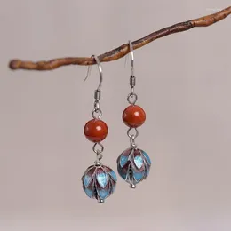 Dangle Earrings Cloisonne Women's S925 Sterling Silver Vintage Burnt Blue Lotus Bud Fashion Elegant Chinese Style South Red Ea