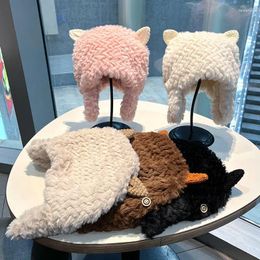 Berets Winter Plush Sheep Ear Beanie Hat Women Solid Color Fluffy Faux Fur Bucket Cap Korean Warm Female Protection Caps Bonnet