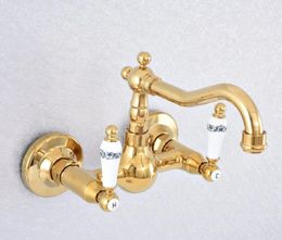 Bathroom Sink Faucets Gold Colour Brass Basin Swivel Spout Faucet Wall Mounted Dual Ceramic Handles Vessel Mixer Taps Zsf613