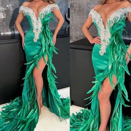 Feather Emerald Green Evening Dresses High Split V Neck Off Shoulder Prom Dresses for African Nigeria Black Women Girls Birthday Part Dress Engagement Gowns NL285