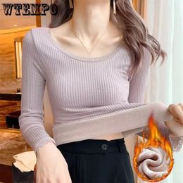 Thermal Underwear Women Warm Solid Long-Sleeved Lambwool Close-fitting O-Neck Pullover Winter Fleece Bottoming Shirt 240103