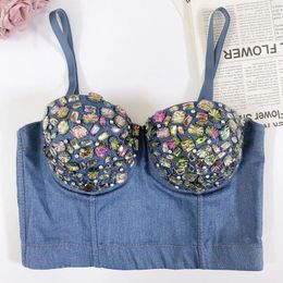 Women's Tanks Stage Performance Bra Beaded Gems Denim Vest For Women Cropped Top Colourful Rhinestones Camisole Female Tank Tops Y3844