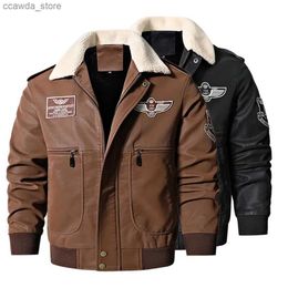 Men's Leather Faux Leather Autumn Winter Men's Motorcycle Leather Jacket Fur Collar Vintage Brown Fleece Faux Leather Pigskin Military Bomber Jackets 8XL Q240103