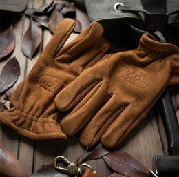 Mittens Men039s Frosted Genuine Leather Gloves Men Motorcycle Riding Full Finger Winter Gloves With Fur Vintage Brown Cowhide L3158006