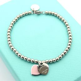 Silver Colour Women Designer Bangles Double Heart Pendant Stainless Steel Luxury Ball Bead Heart Bracelet303b