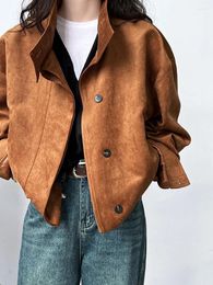 Women's Jackets Women Vintage Brown Suede Korean Trendy Urban Outdoor Casual Single Breasted Short Coats Outerwear 2024 Autumn