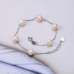 Charm Bracelets Ambrum Valentine's Day 925 Sterling Silver Pearls Bracelet White Freshwater Bangle On Chain 7 Inch Women