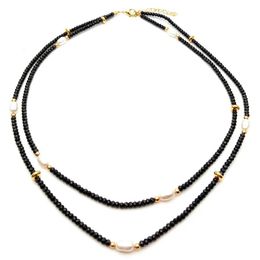 Necklaces 2 rows Natural Genuine faceted Rondelle black onyx Cultured white freshwater Pearl choker Necklace 17" for women