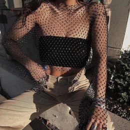 ArtSu Boat Neck Long Sleeve Sexy Hollow Out Club Party Blouse Women Black Fishnet Mesh Shirt Lady Diamond Beading Crop Top 240102