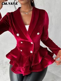 Women's Suits CM. Women Fashion Velvet Notched Collar Long Sleeve Cascading Ruffles Hem Double Breasted Blazer Tops