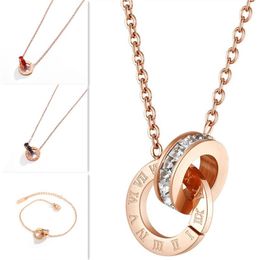 Roman Numerals Pendant Necklaces 18K Rose Gold Fashion Women Party Choker Jewelry Titanium Steel Double Circle Crystal Diamond Bra2728