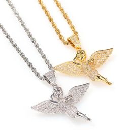 New Trendy Fashion Mens Women Hip Hop Necklace Gold Silver Colour Full CZ Angle Pendant Necklace for Men Nice Gift for Boy Friend290V