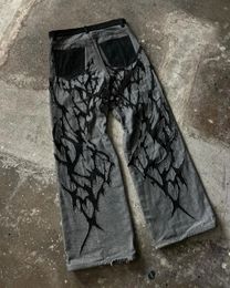 American Y2K Streetwear High Street Goth Waist Jeans Mens Retro Loose Hip Hop Harajuku Style Button Wide Leg Pants Womens 240102