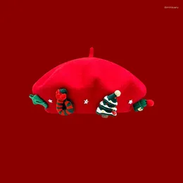 Berets Japanese Cute Christmas Gift Vintage Red Wool Beret For Women Winter Warmth Versatile Painter Hat Trend Fashion