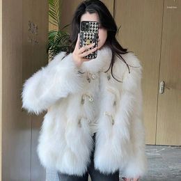 Women's Fur Pearl Button Fluffy Coat Women Warm Faux Designer Clothing Stand Up Collar Long Sleeve Korean Chic