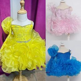 Dresses Cute Girl's Glitz Pageant Dress 2024 Long Sleeve 3D Flower Royal Blue Lace Beads Crystal Cupcake Pageant Party Gowns Baby Girl Tie