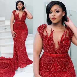 بالإضافة إلى حجم Fulllace Aso Ebi Prom Special OCNS Mermaid Red Cheer Neck Engutioned Lace Lace Dressal Dress Dresses For African Black Girl Nl es es