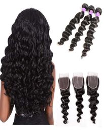 Virgin Brazilian Hair Bundles with Closure Loose Deep Wave Human Hair Extensions Dyeable Natural Colour Weft with Part Lace Cl7290462