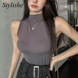 Women's Tanks Turtleneck Tank Top Women Black Sexy Fashion Slim Grey Sleeveless T Shirts Summer Korean Style Solid Girls Tops Y2K Chic