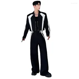 Men's Suits Luxury Sets Niche Male Blazers Pu Leather Spliced Suit Coat Wide Leg Pants Two Piece Tide Menwear