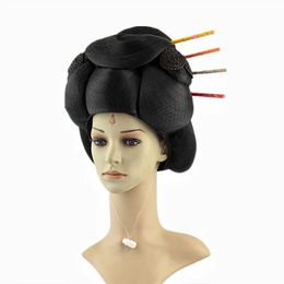 Black Ancient Japanese Geisha Hair Cosplay Set With Hairpin Kimono Headpiece Wig Masquerade Headwear Antique Studio Photography