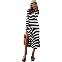 Casual Dresses Long Sleeved Slit Loose Striped Women's Autumn V-neck Midi Dress Leisure Clothing Vestido Elegante Mujer S-2XL