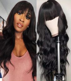 Long Black Body Wave Wigs With Full Bangs Virgin Brazilian None Lace Wig 150 Density Glueless Machine Made Fashion Black Women 2274153205