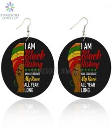 Dangle Chandelier SOMESOOR Black History Race All Year Long African Wooden Drop Earrings Afro Headwrap Woman Power Saying Design5900596