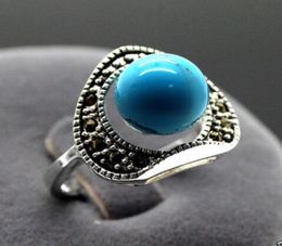 13X15MM Vintage 6mm Blue Turquoises Marcasite 925 Sterling Silver Ring size 7 8 96308634