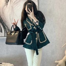 High end tweed jacket fashionable little perfume style pearl button belt ultra-thin waist suit jacket bright silk vintage women's coat 240103