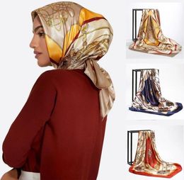 Scarves 2021 Fashion Silk Square Scarf For Women 9090cm Neck Hair Tie Band Designer Soft Neckerchief Hijab Headscarf Female Foula3509743