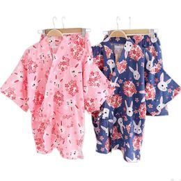 Home Clothing Kawaii Sakura Rabbit Kimono Robes Women Shorts Pyjamas Sets Summer 100% Cotton Japanese Yukata Bathrobes Sleepwear 210 Dhmou