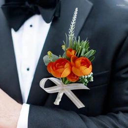 Decorative Flowers Orange Artifical Rose Boutonniere Wrist Corsage Bridesmaid Groom Wedding Accessories Groomsmen