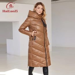 Leather HaiLuoZi 2022 New Women's Winter Jacket Long Warm Windproof Hooded Zipper Quilted Casual Slim Cotton Lady Parkas Women Coat 6055