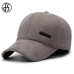 FS Trendy Corduroy Winter Hat For Women Gray Striped Baseball Cap Outdoor Warm Ear Protection Russian Men Earflap Hats 240102