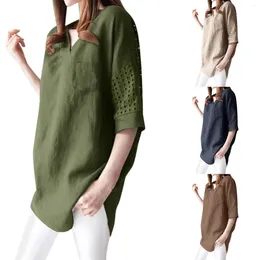 Women's Blouses Spring Summer Solid Colour Shirts Ladies V-Neck Hollow Out Medium Sleeve Loose Blouse Women With Pockets Cotton Linen Casual