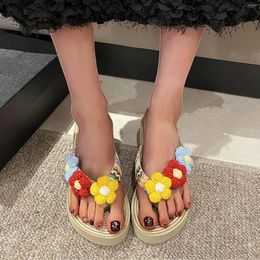 Slippers Ladies Summer Straw Bottom Flower Colorful Lightweight Clip Toe Beach Broken Slope Heel Thick Women Wide Width Sandals