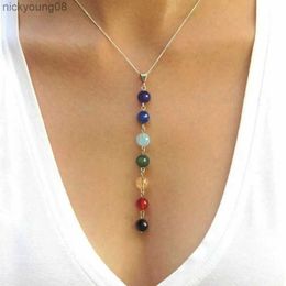 Pendant Necklaces 7 Chakra Beads Stone Pendant Necklace Women Yoga Healing Balancing Maxi Chakra Choker Bracelet Bijoux Femme Jewellery Set